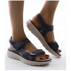 Walking Sandal Faux Leather Size 38 US 8 Soft Bed Navy Open Toe NWOB $38